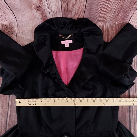 Lilly Pulitzer Size 4 Kelli Black Long Belted Trench Coat Jacket Ruffles Collar - Picture 13 of 16